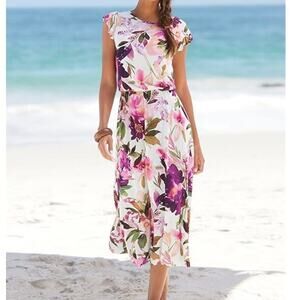 Lascana White Floral Flutter Sleeve Midi Dress Women's 42 US 10 Vacation NEW